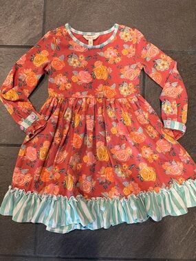 Matilda Jane Coral Floral Long-Sleeve Dress with Mint Stripe Ruffle